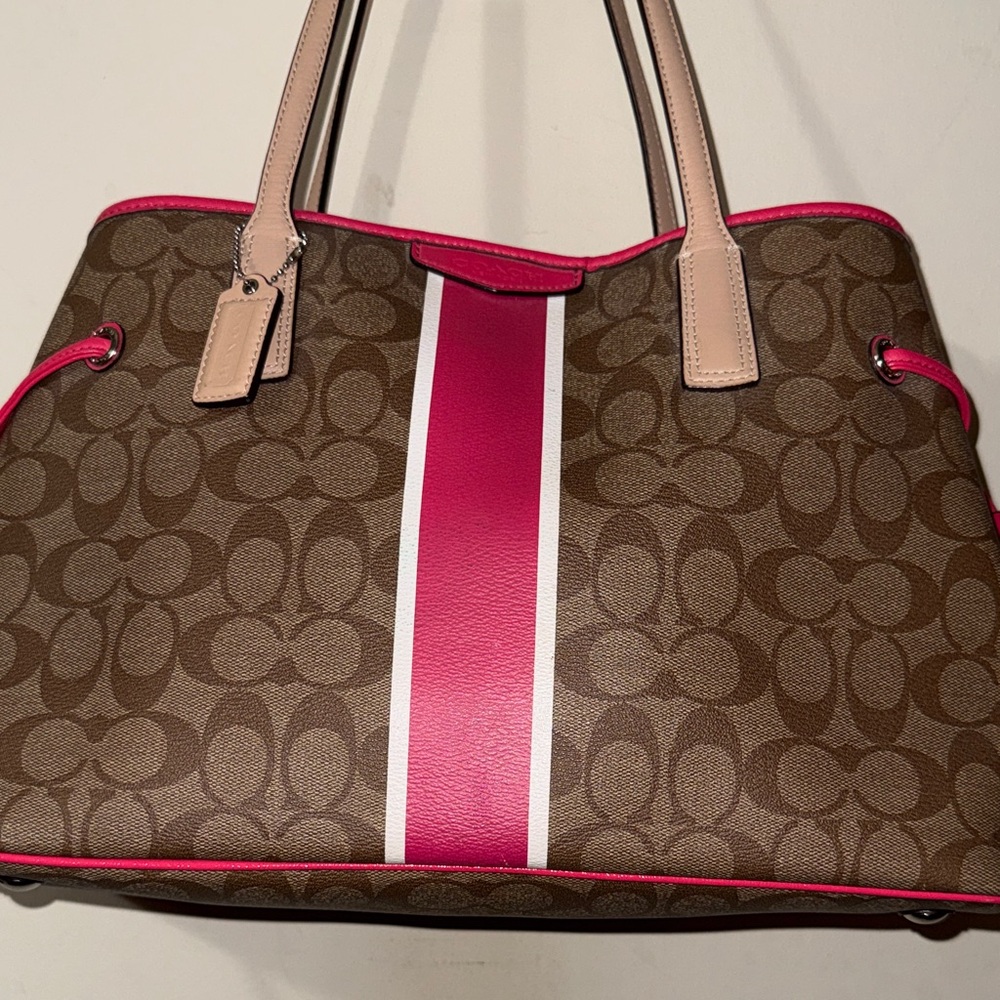 Coach Brown Signature Tote with Pink and White Stripe - Picture 2 of 14
